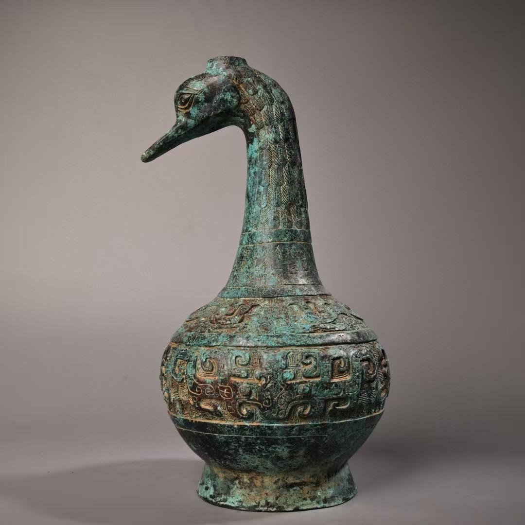 中国古美術 珍蔵 銘文入 青銅 鶴嘴壺 花瓶 時代物 純銅製 風水開運 文房置物
