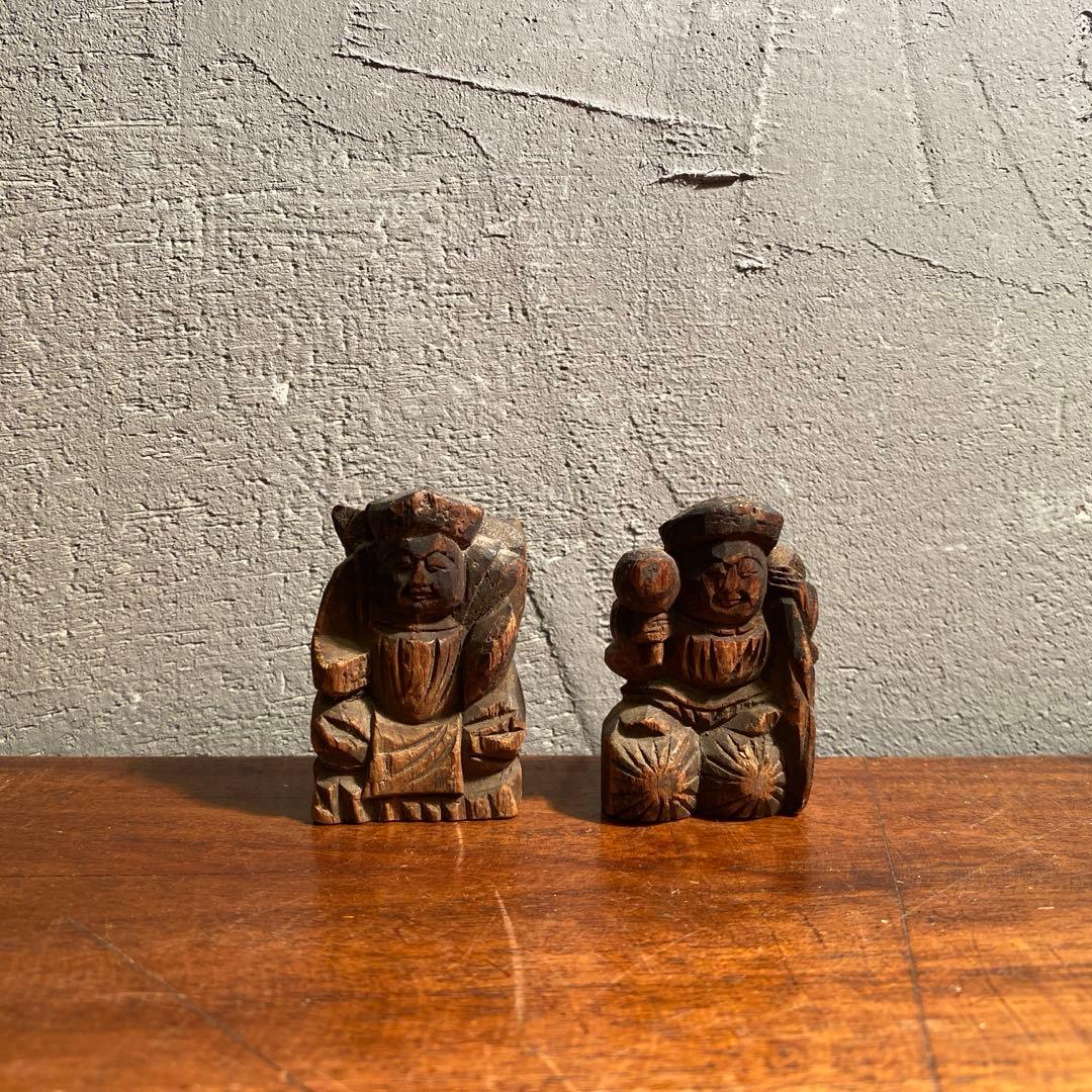 時代物 明治 大黒天 恵比寿 木彫置物 骨董品 コレクション 5.5cm